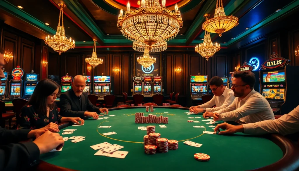 Explore the engaging review nhà cái scene with players at a grand poker table in a vibrant casino ambiance.