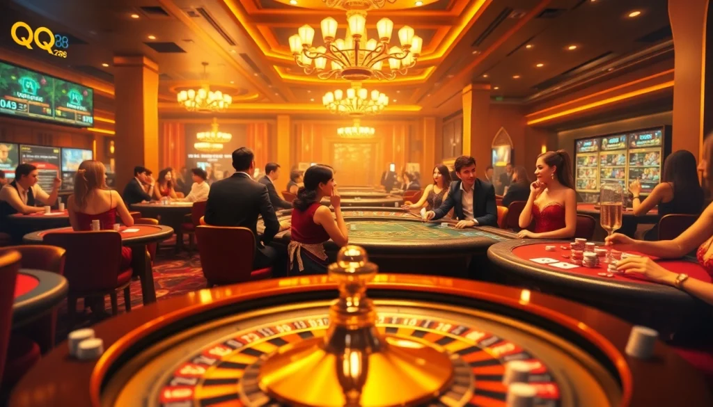 Experience the thrill of QQ88 as players engage at dynamic casino tables surrounded by colorful chips and cards.