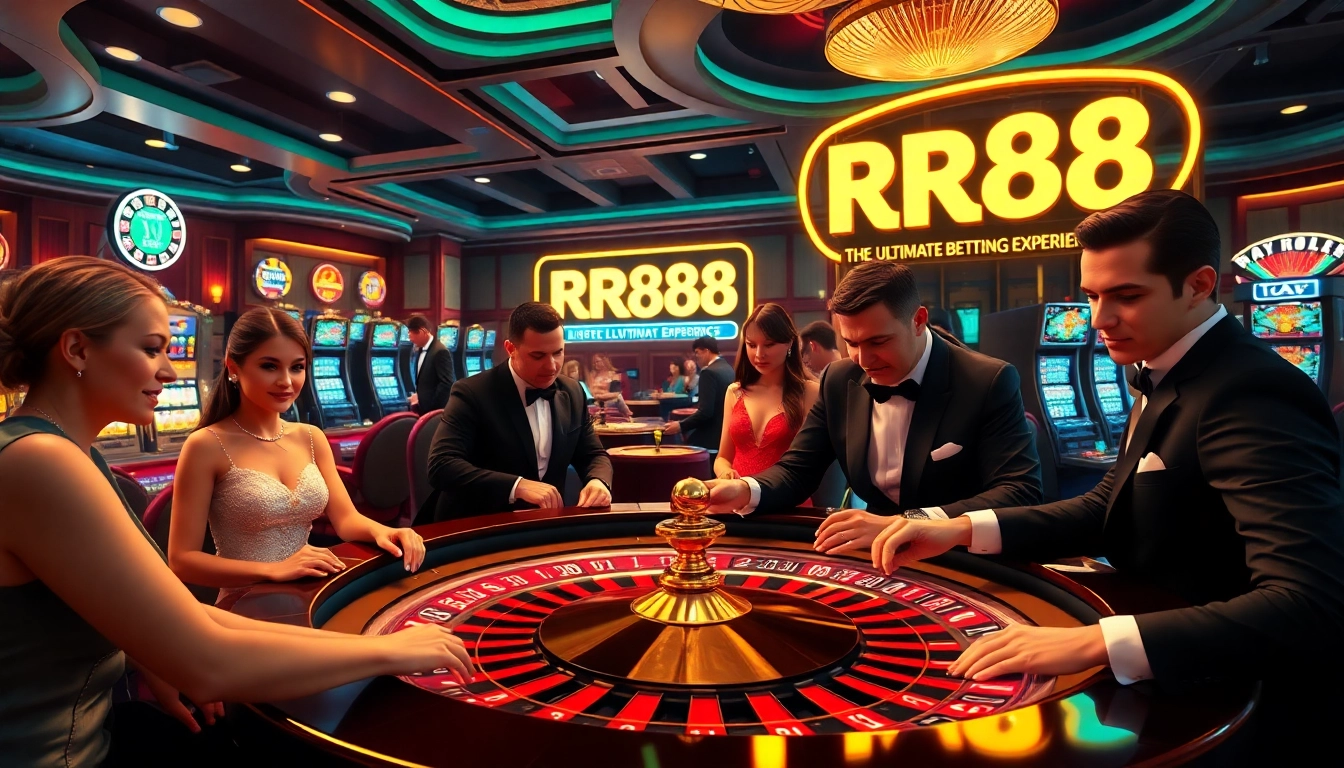 RR88 players engaged in an exciting roulette game, highlighting high stakes in a luxurious casino.