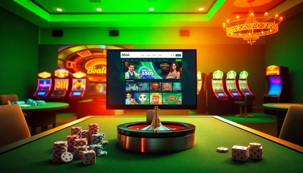 Explore the dynamic online casino world at nhà cái 88aa, showcasing thrilling poker chips and vibrant slot machines.