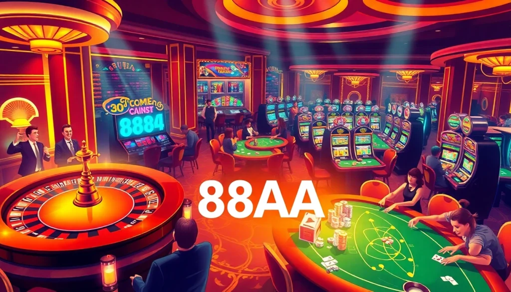 Exciting casino scene featuring players at 88AA-themed gaming tables and bright slot machines.