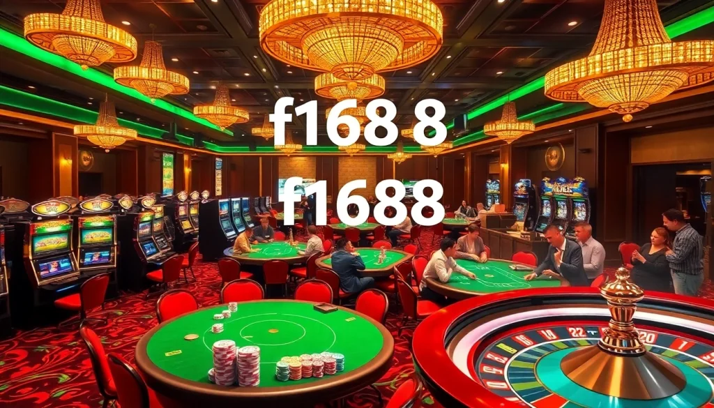 Experience the thrilling atmosphere of f1688 casino with poker tables and vibrant slot machines.