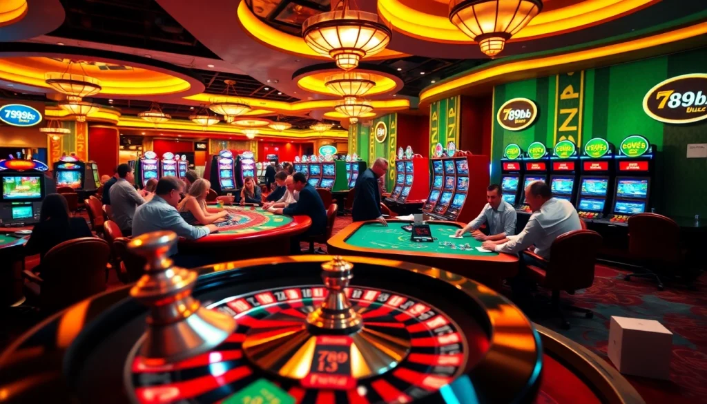 Players enjoying a lively casino scene at 789b buzz, with roulette wheels and poker chips.