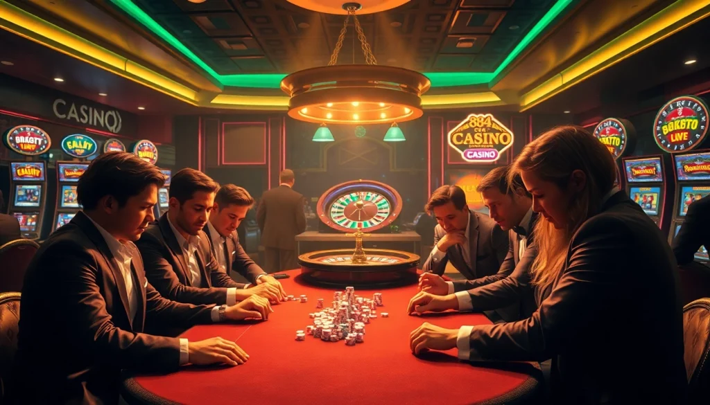 Experience the thrill of the 88AA Casino with players engaged in poker, surrounded by vibrant gaming machines.