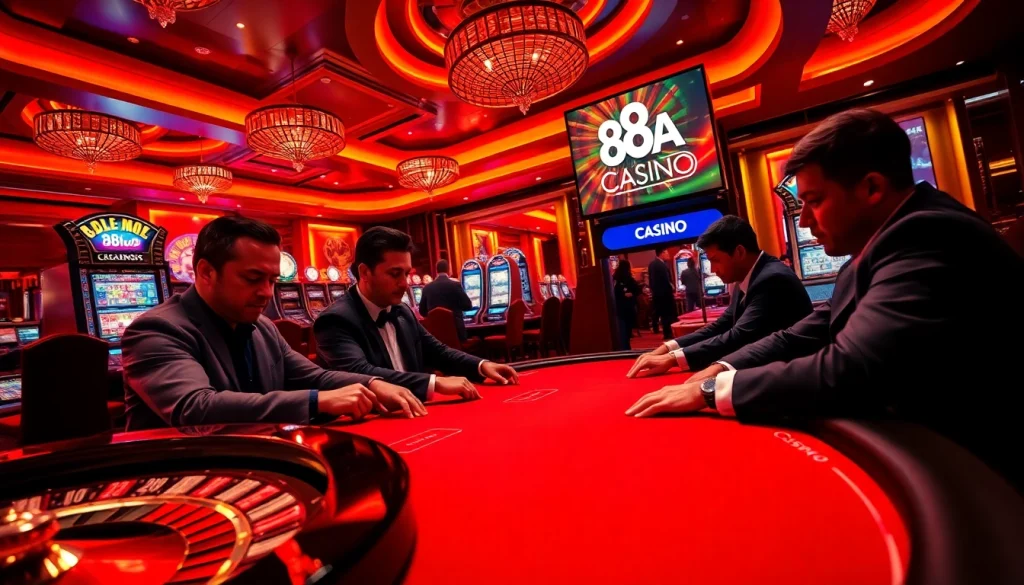 Players enjoying an intense poker game at 88AA Casino, surrounded by vibrant slot machines and roulette wheels.