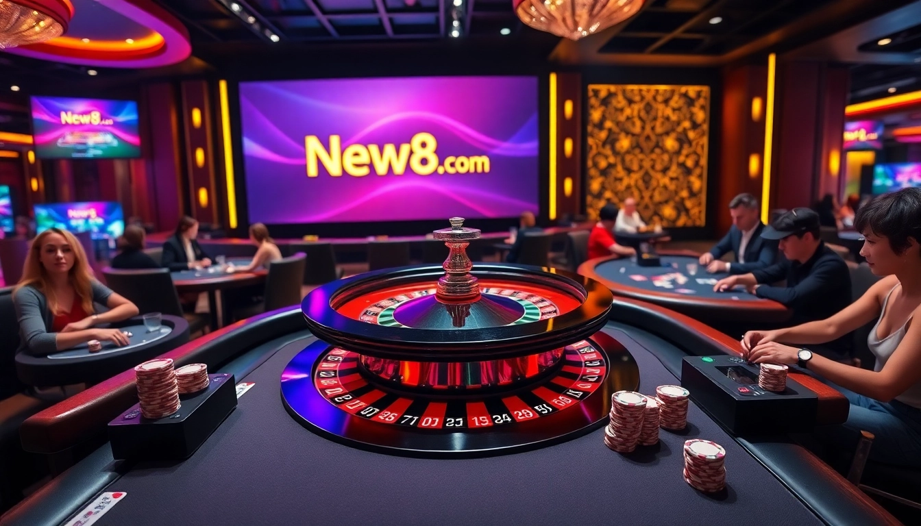 Players enjoying the thrill of online gaming at New88.com, featuring vibrant roulette and poker tables.