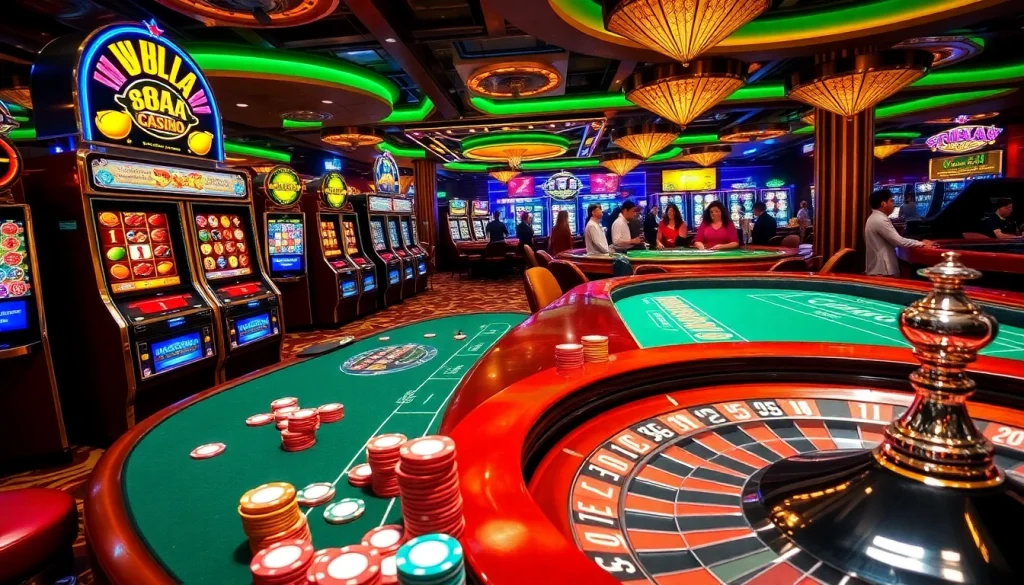Players experience the thrill of winning at 88AA Casino, surrounded by slot machines, blackjack tables, and roulette wheels.