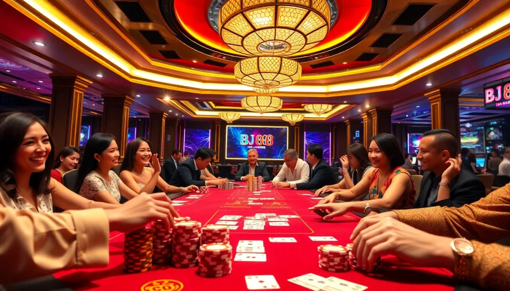 BJ 88 casino scene featuring a high-stakes poker game with players, chips, and cards highlighting the excitement of gambling.