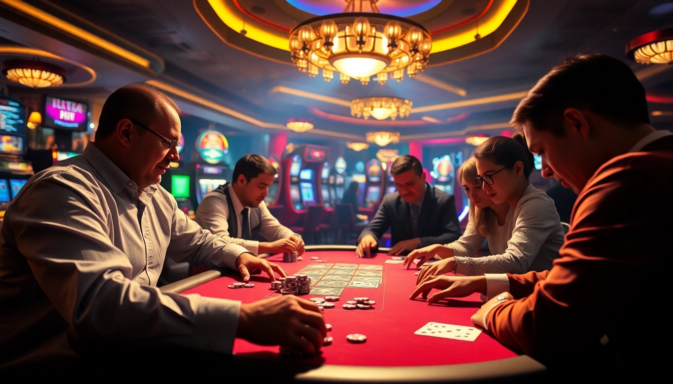 Nohu-inspired poker game showcasing players immersed in high-stakes action amidst colorful casino lights.