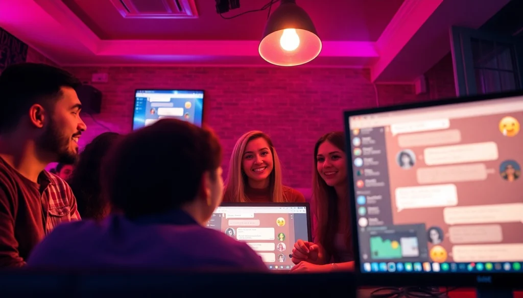 Engaging porn chat scene with diverse individuals in a vibrant digital chatroom.