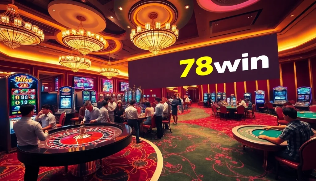 78win casino scene with players at a roulette table and modern slot machines.