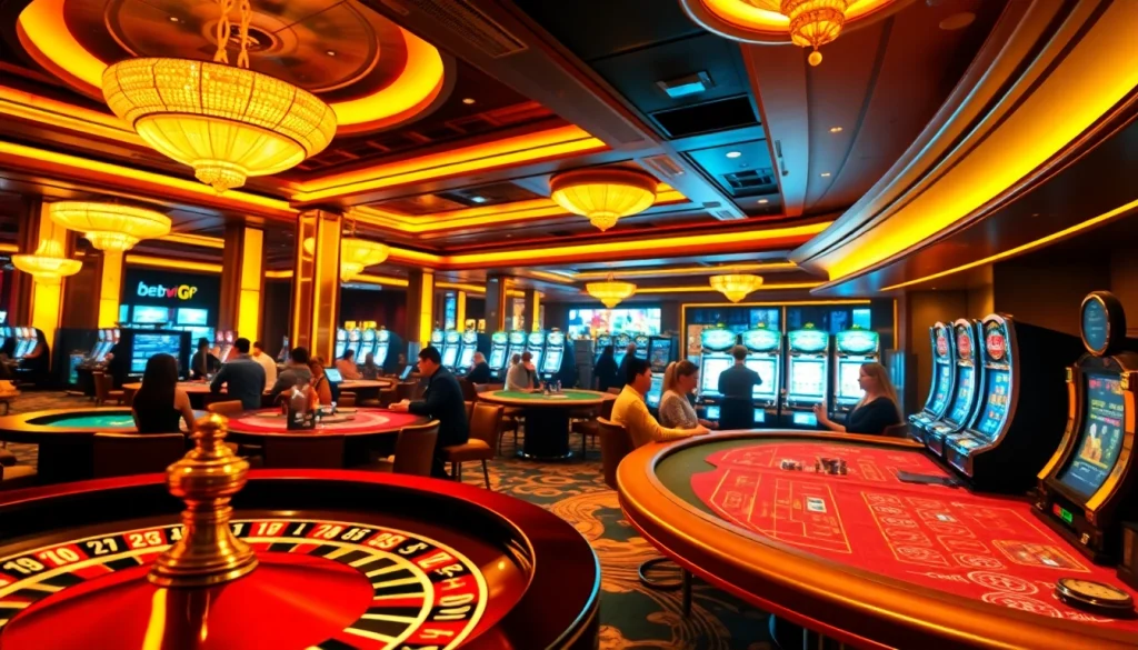 Experience high-stakes excitement with betvip at luxurious casino gaming tables, featuring roulette, poker, and vibrant slot machines.