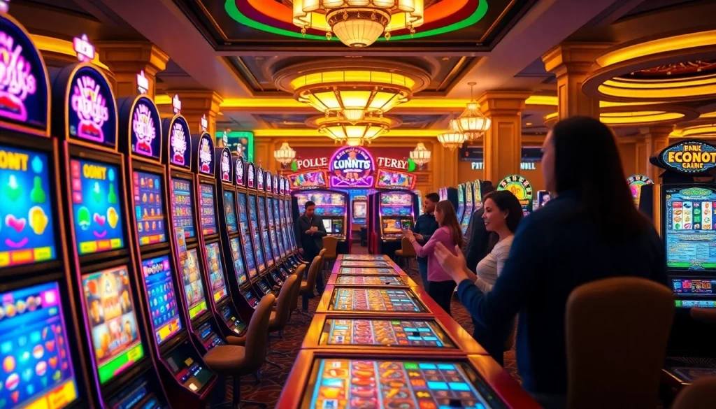 Exciting players at the PGSLOT51 gaming machines reveling in wins and casino atmosphere.